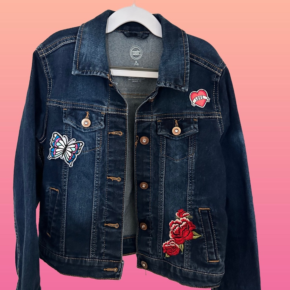 Wonder Nation Dark Blue Jean Jacket with Embroidered Patches